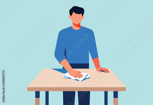 An illustrated person cleaning a table with a white cloth. Simplistic design on a light blue background