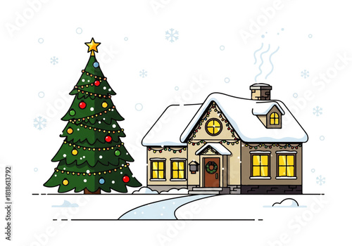 Festive Winter Scene Cozy House, Decorated Christmas Tree, Snowfall, Holiday Cheer Illustration