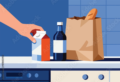 A hand reaching for a milk carton, next to a bottle and a paper bag with bread on a surface