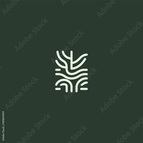 River and Root line art logo symbolizing nature growth and deep foundation.