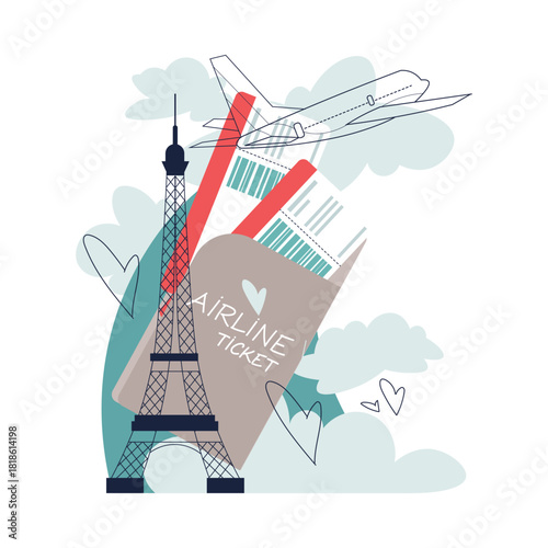 Paris Travel with Eiffel Tower and Airline Tickets Vector Illustration