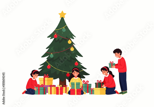 Festive Christmas scene with children unwrapping gifts under a decorated pine tree, celebrating holiday joy and togetherness