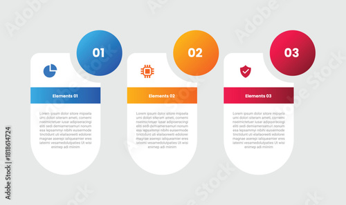 3 points infographic with gradient style with round capsule box with circle badge on top side with 3 elements stages