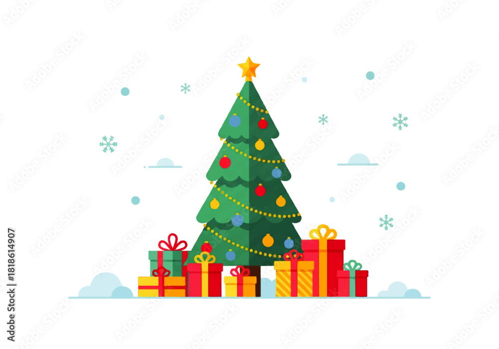 Naklejka premium Festive Christmas Tree with Presents Illustration Celebrate the Holidays with Joyful Graphics