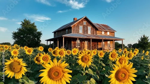sunflowers in the village with rustic house