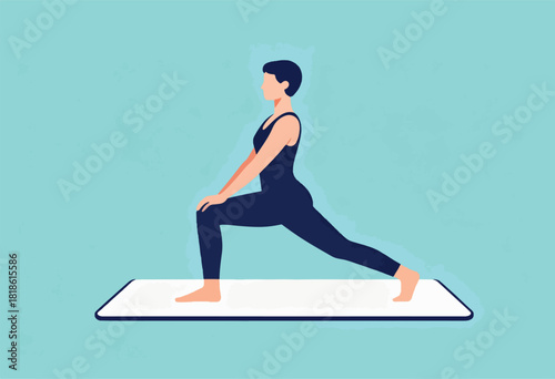 Illustration of a person doing a yoga pose on a mat. The figure is facing left on a teal background