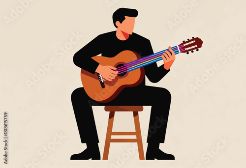 An abstract illustration of a musician playing a guitar while seated. The strings are colorful. Abstract style
