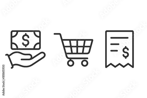 Online commerce symbols for payment, shopping cart, and financial receipt