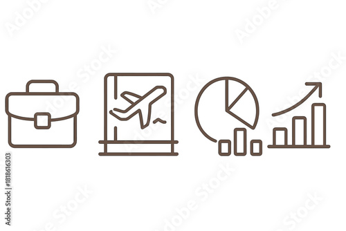 Essential symbols representing business travel, financial analysis, market growth, and professional work