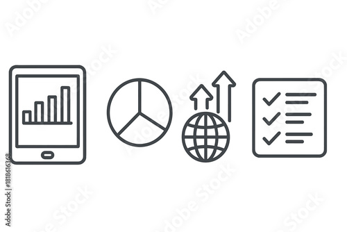 Business data analysis, global expansion, financial growth, and project completion symbols
