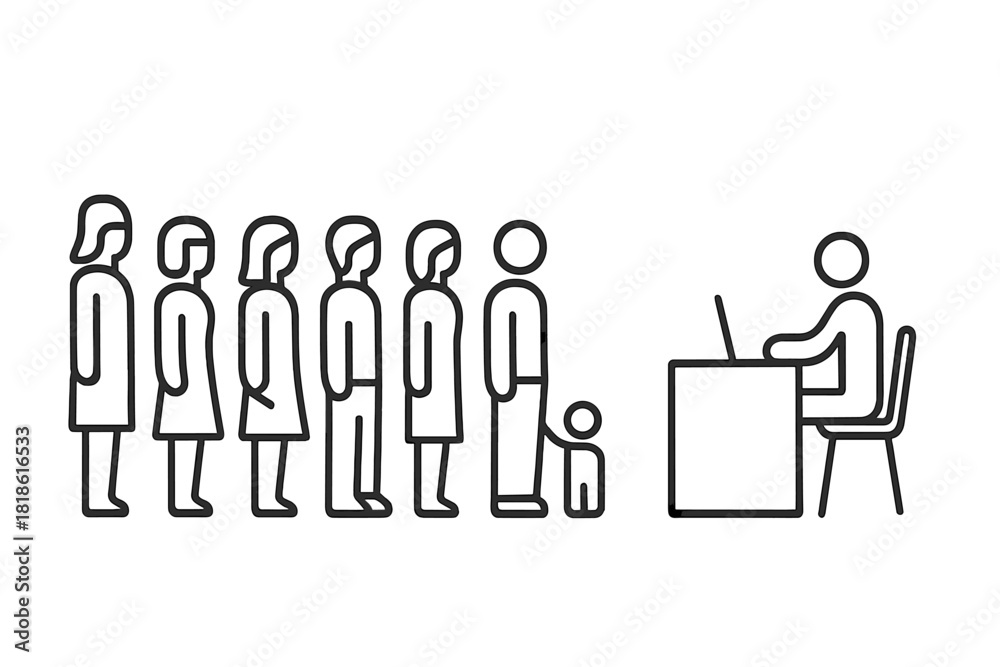 Fototapeta premium Queue of diverse people and a child waiting for service at a counter
