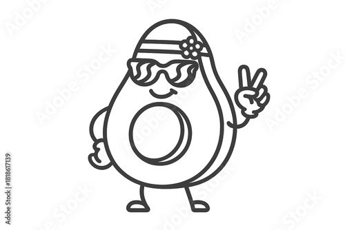 Groovy avocado character wearing sunglasses and a flower headband making a peace sign
