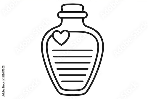 Glass bottle sealed with a cork stopper containing a floating heart symbol and liquid