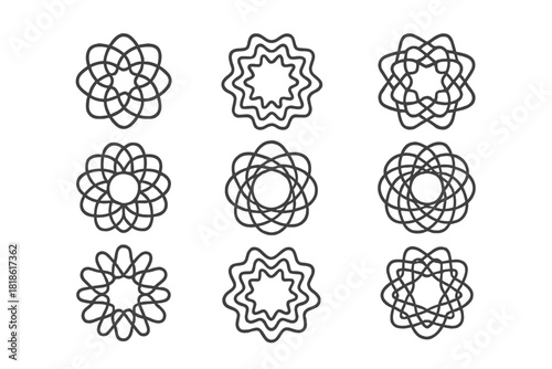 Nine abstract geometric rosette shapes for logo design and decorative elements