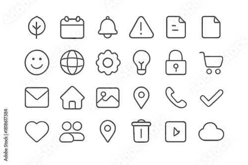 Minimal outline icons for web and mobile interfaces covering settings, calendar, mail, and location