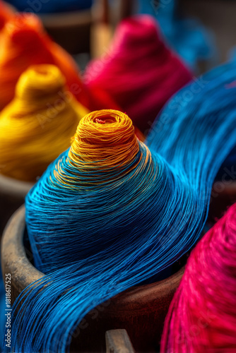 A close-up of colorful silk threads being spun and dyed by hand, showcasing the vibrant textile industry of Laos.