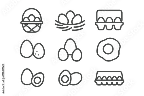 Minimalist drawings of eggs: raw, boiled, fried, nested, packaged in cartons or baskets