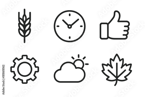 Collection of essential outline icons representing time, nature, technology, and social concepts