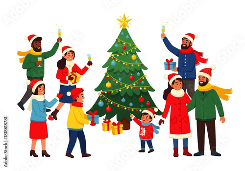 A joyful concept of a multicultural family and friends celebrating the Christmas holiday with a decorated tree and presents