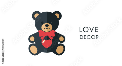 Cute black teddy bear with red bow and heart symbolizing love and affection