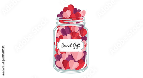 Glass jar overflowing with colorful paper hearts with the words sweet gift on a label