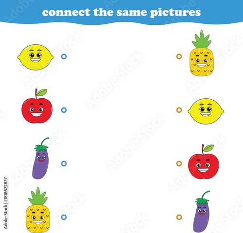 Education game for children connect the same picture of cute cartoon fruits printable. Vector Illustration