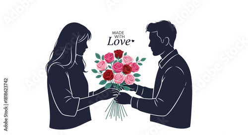 Man giving a bouquet of red and pink roses to a woman with the words made with love