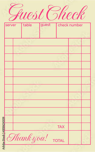 Guest Check Form. Yellow Restaurant Receipt Template.