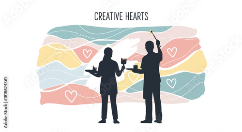 Couple creating art together with paintbrushes and palettes against a colorful abstract background with hearts