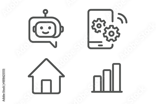 Outline icons for artificial intelligence, mobile settings, home services, and business data