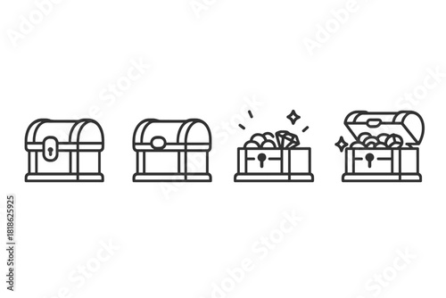 Simple set of closed and open treasure chests filled with valuable gold and gems