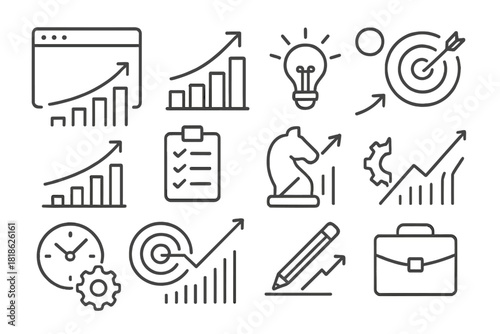 Outline symbols for business success, financial growth, strategic planning, and goal achievement