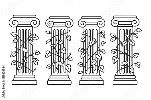 Row of four classical Ionic architectural pillars adorned with winding green foliage