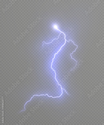 Realistic blue lightning with bright electric glow on a transparent background. Effect for superimposing an energetic lightning discharge for weather scenes, magic spells, and game effects.