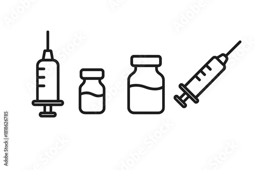 Line art medical icons featuring syringes and vaccine vials for healthcare and immunization concepts