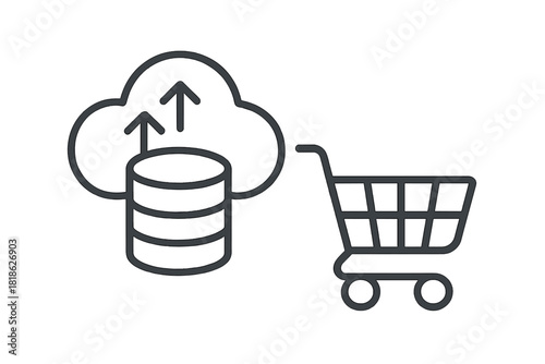 Cloud data storage icon connected to online shopping cart transaction symbol