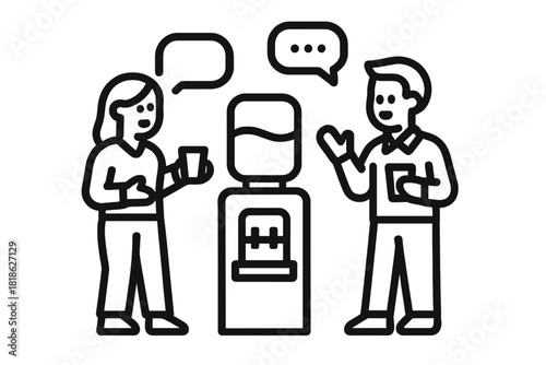 Business colleagues having an informal discussion and conversation break near the water cooler dispenser