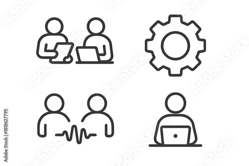 Essential business and technology symbols for collaboration, settings, data analysis, and remote work