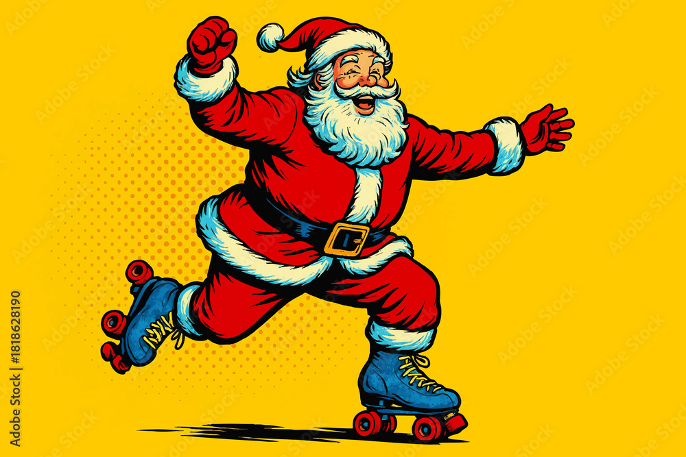 Naklejka premium Santa Claus joyfully roller skating on blue skates, blending holiday cheer with fun and motion. Generative ai raster colorful pop art illustration.