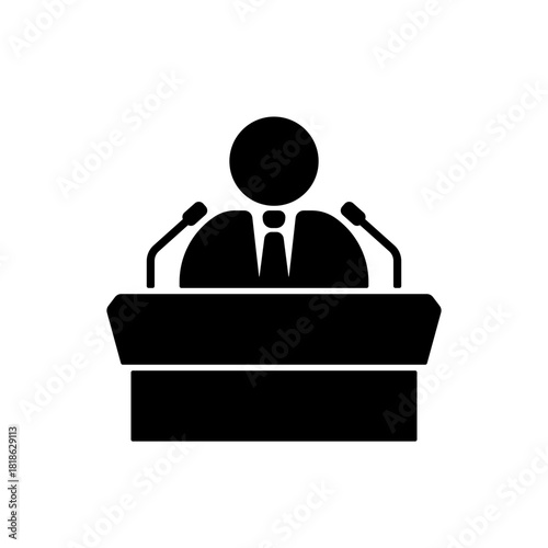 black icon speaker standing behind a podium without background