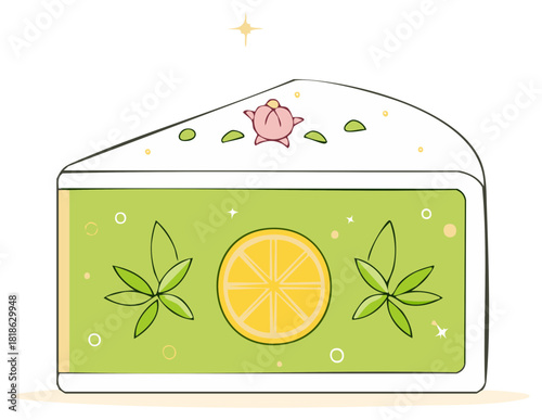 Illustrated slice of green cake with lemon and cannabis leaf decoration