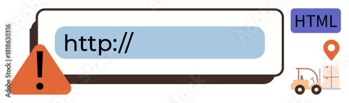 URL bar with warning alert icon, HTML tag, location pin, and forklift. Ideal for web development, coding, logistics, cybersecurity online safety error handling UX design. Simple flat metaphor