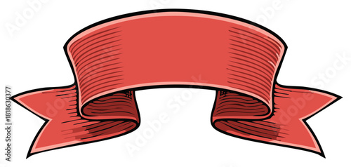 Vintage Red Banner Ribbon with Etching Style Shading for Design Elements