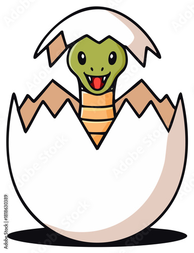 Cute cartoon baby snake hatching from a broken eggshell adorable newborn reptile character illustration
