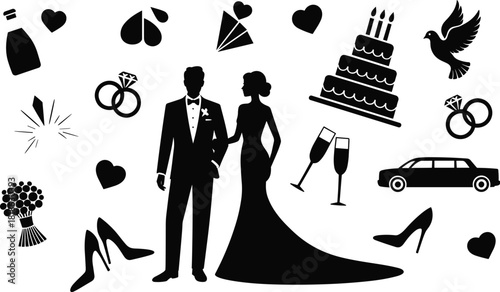 Black silhouette icons representing wedding elements and a bride and groom Keywords: silhouette, wedding, bride, groom, couple