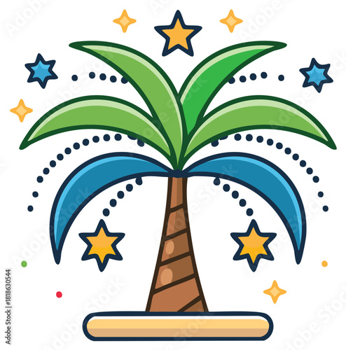 Whimsical Tropical Palm Tree Illustration with Sparkling Stars