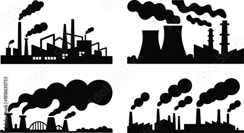 Black Silhouette Industrial Factory Icons with Smoke Emissions on White Background Keywords: industry, factory, power plant