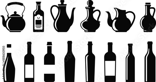 Assortment of Black Silhouettes of Kettles Bottles and Jugs on White pitcher carafe