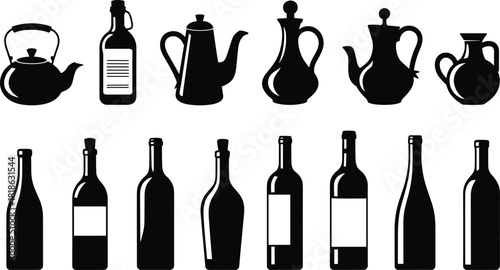 Collection of black silhouettes of bottles and teapots on a white background Keywords: silhouette, bottle, teapot, jug, pitcher