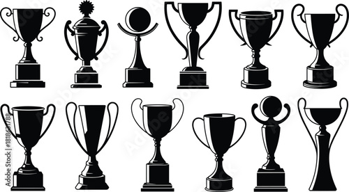 Collection of black silhouettes of various trophy cups and awards Keywords: silhouette, trophy, cup, award, prize, winner